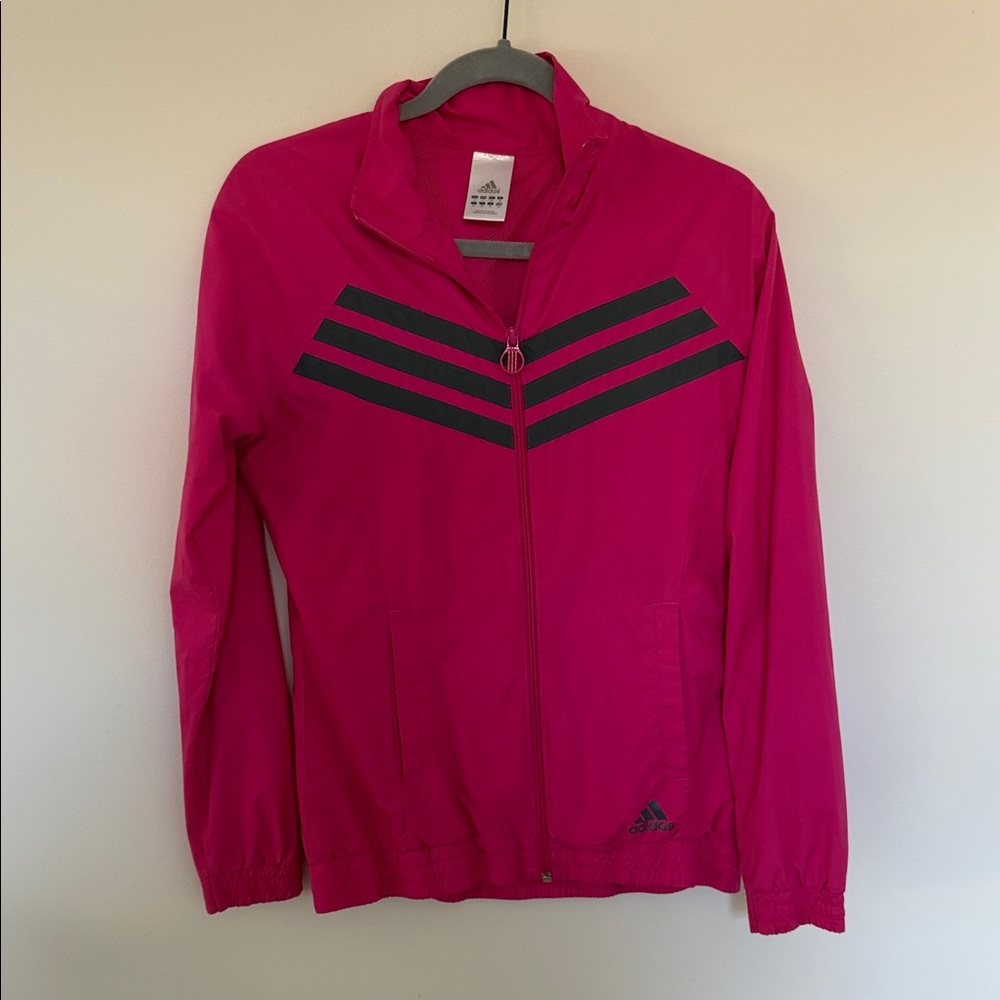 adidas Hot Pink Women's Zip Front Bomber Jacket with Black Chevron Stripes